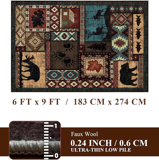 Rustic Cabin Area Rug 6x9, Machine Washable Lodge Bear Rug, Non-Slip Low Pile - Image 2