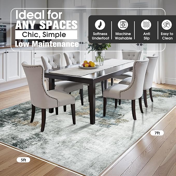 5x7 Area Rugs for Living Room Washable Bedroom Dining Room Black Gold | Modern - Image 2