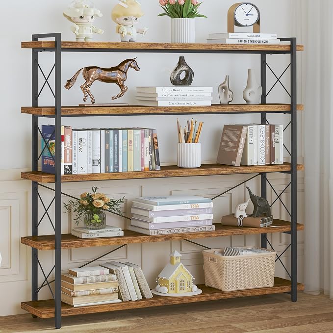 HCHQHS Large Bookshelf, 5-Tier Long Industrial Bookcase, Rustic Brown Book Shelf - Image 2