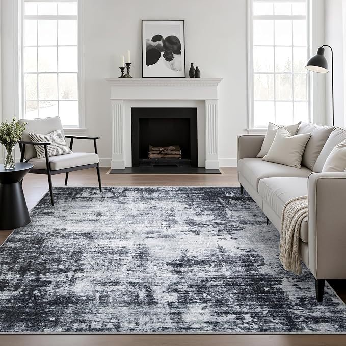 Area Rug Living Room: 6x6 Modern Washable Soft Carpet Dark Black | by FXRHLP