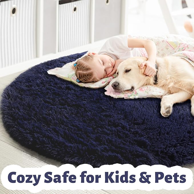 Amdrebio Dark Navy Blue Round Fluffy Area Rug 5Ft - Image 4