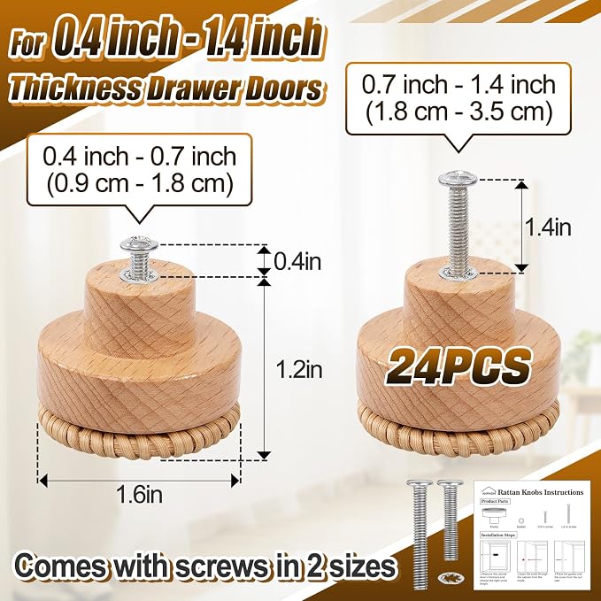 ANPHSIN 24 Pack Boho Rattan Cabinet Dresser Knobs- Durable Beech Wood Drawer - Image 6