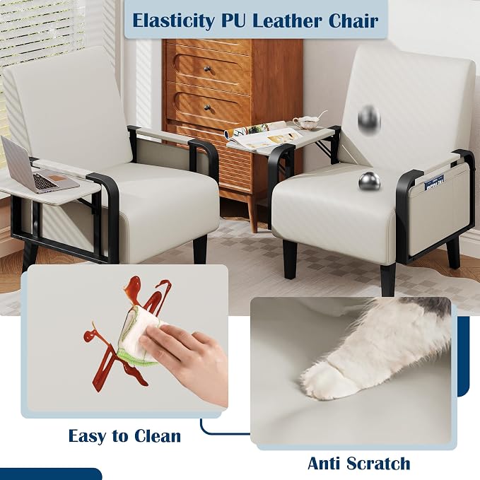 Andeworld Modern Beige Accent Chair, PU Leather Upholstered Armchair Side Chair - Image 5