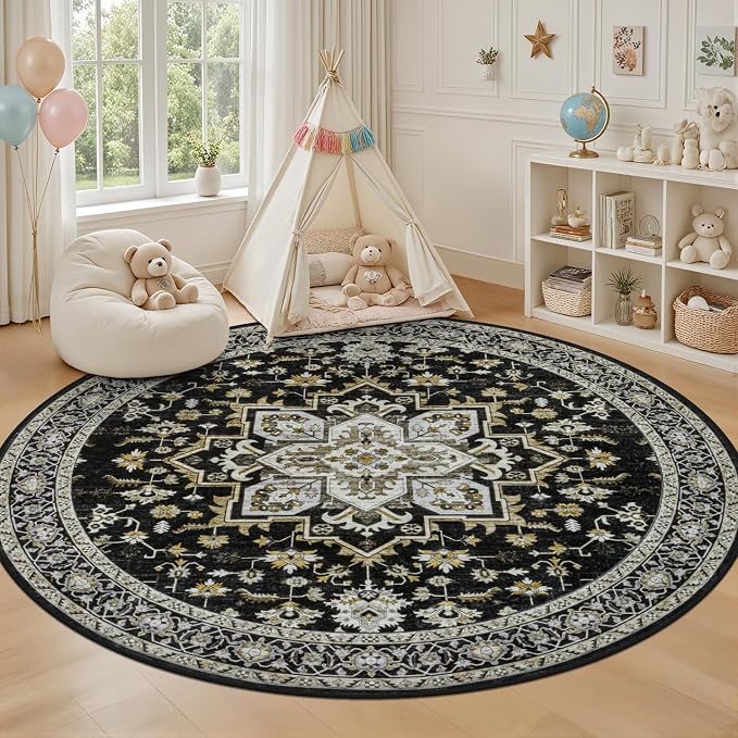Round Area Rug for Living Room: 4ft Boho Washable Rug Black Gold | Vintage Boho - Image 5