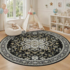 Round Area Rug for Living Room: 6ft Boho Washable Rug Black Gold | Vintage Boho - Image 5