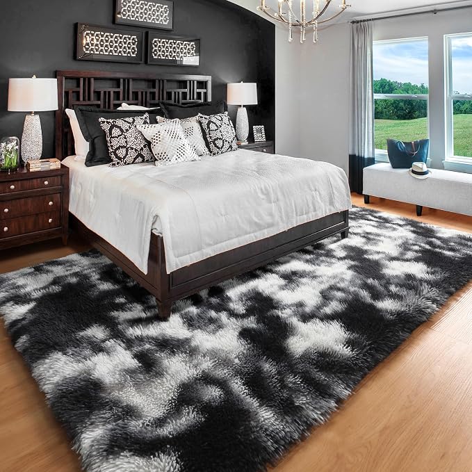 Black and White Area Rugs for Living Room, 5x8 Fluffy Bedroom Rug, Soft Plush - Image 5