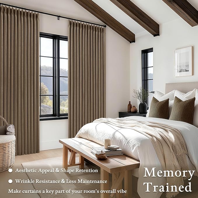 Latte 90 Inch Pinch Pleated Blackout Linen Curtains - Image 8