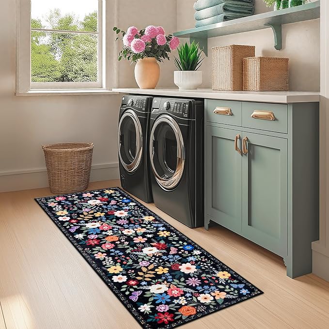 PLHXFR 2.6x8 Washable Runner Rug：Floral Indoor Kitchen Soft Carpet Black | - Image 4