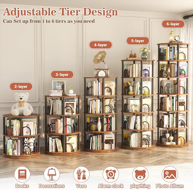 Aheaplus 6 Tier Rotating Bookshelf Tower, Revolving Bookcase, 360° Round - Image 5