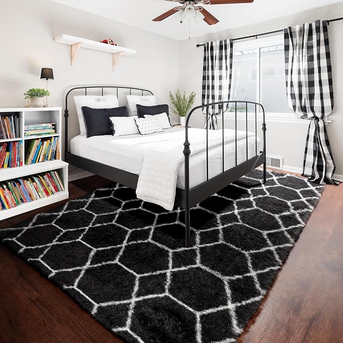 7x9 Area Rugs for Living Room Bedroom, Fluffy Black and White Geometric Rug | - Image 7