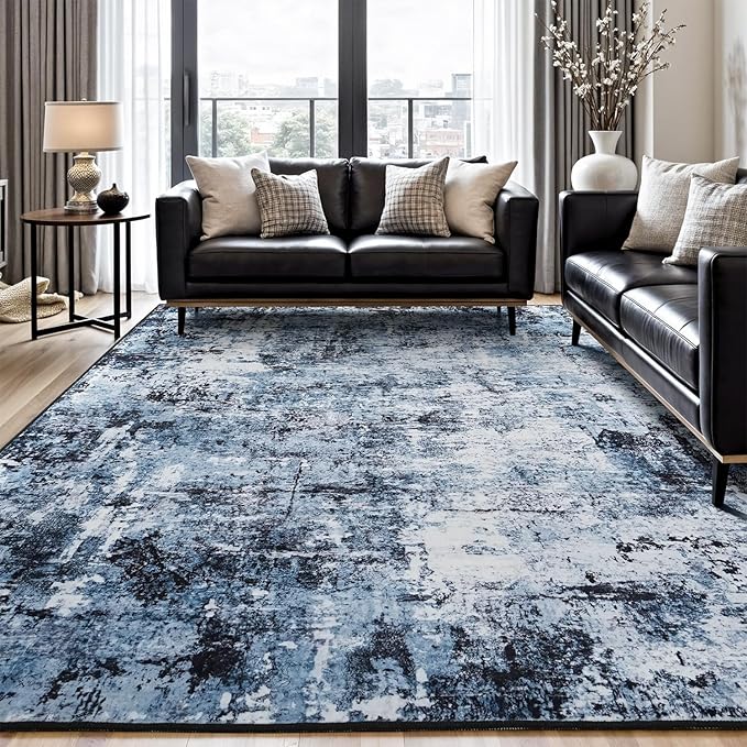 Rugflix 8x12 Area Rugs for Living Room, Washable Navy Blue Dark Large Rug | by RugflixAreaRugs