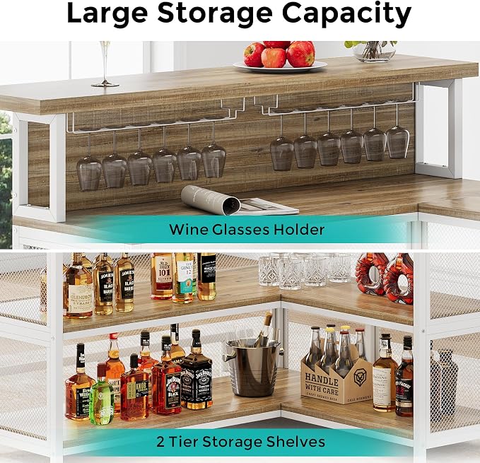 L-Shaped Home Bar Unit with Wine Glasses Holder and LED Light, Modern Bar Table - Image 6