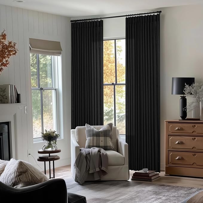 Black Pinch Pleated Linen Semi Sheer 90 Inch Curtains 2 Panels | Light Filtering - Image 8