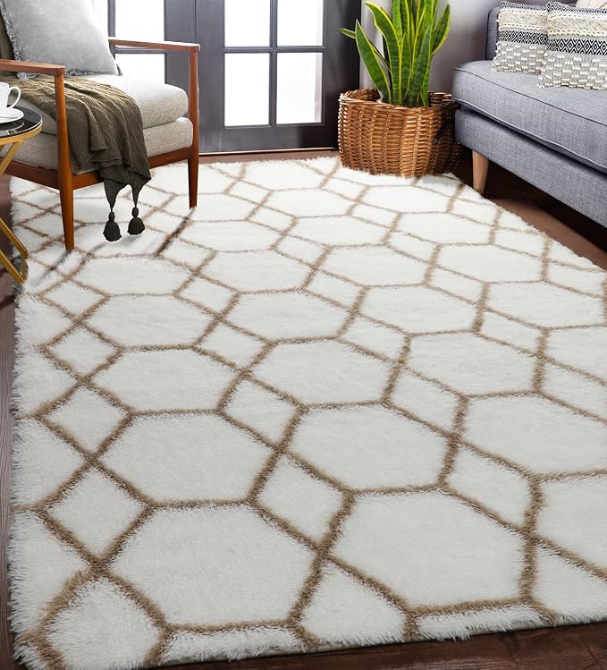 Area Rugs for Living Room, 5x8 Fluffy White and Beige Bedroom Geometric Rug | - Image 6