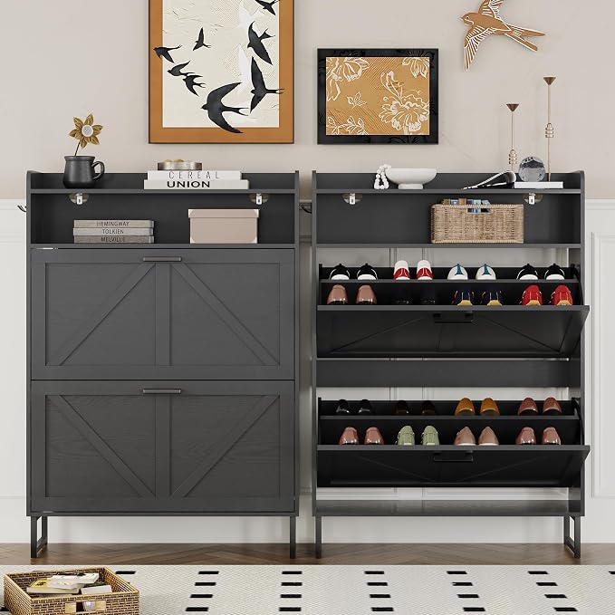 BORNOON Shoe Cabinet with 2 Flip Drawers Narrow Shoe Storage Cabinet Organizer - Image 5