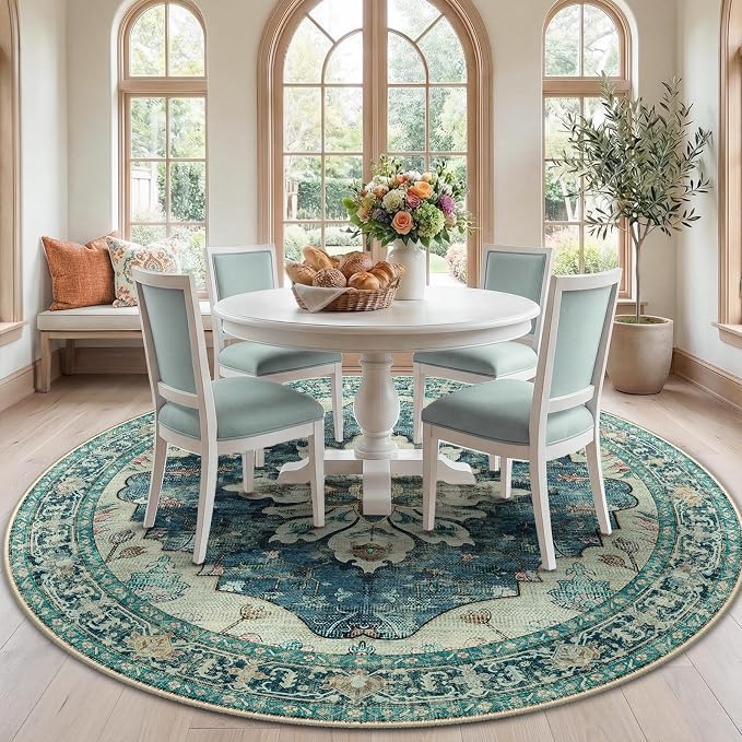 RELEANY Washable Area Rug, Round 7ft, Water Repellent, Pet Friendly, Vintage by RELEANY