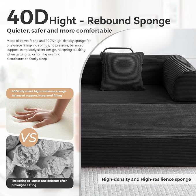 Convertible Sleeper Bed with 2 Cylindrical Pillow, Comfy Foldable Bed - Image 10