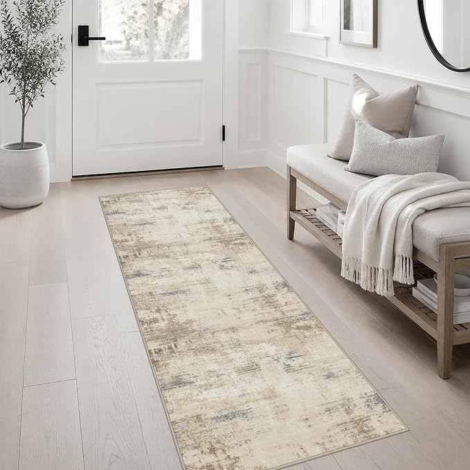 2x6 Washable Runner Rug：Modern Abstract Soft Carpet Beige Brown | - Image 3