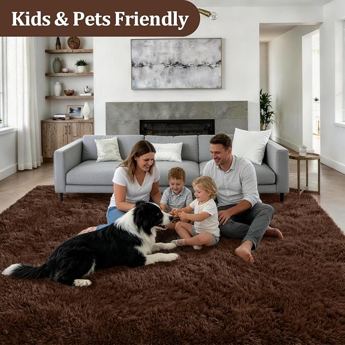 Area Rug Living Room Bedroom: 6x9 Fluffy Plush Shag Carpet Brown | - Image 4