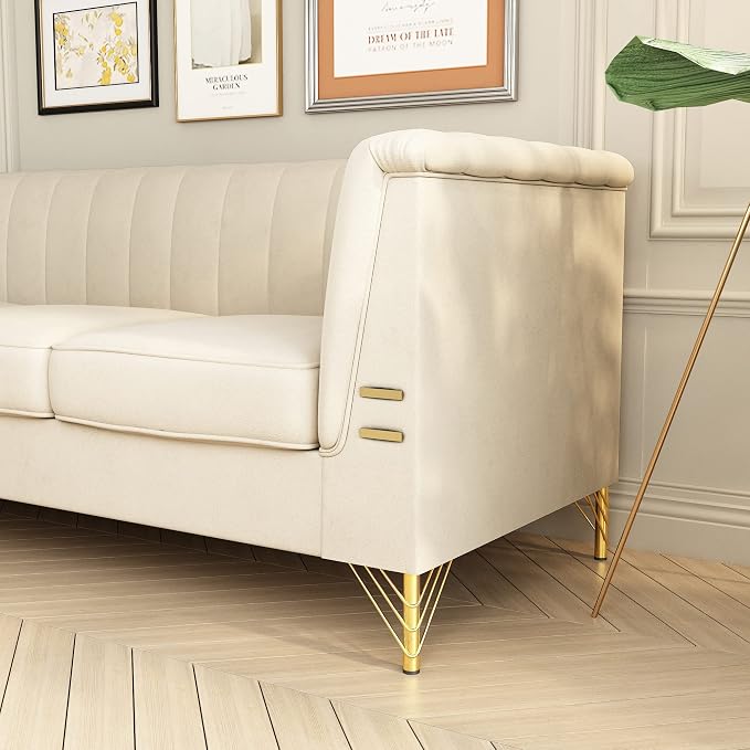83.46" W Beige Velvet Sofa Couch - Image 9