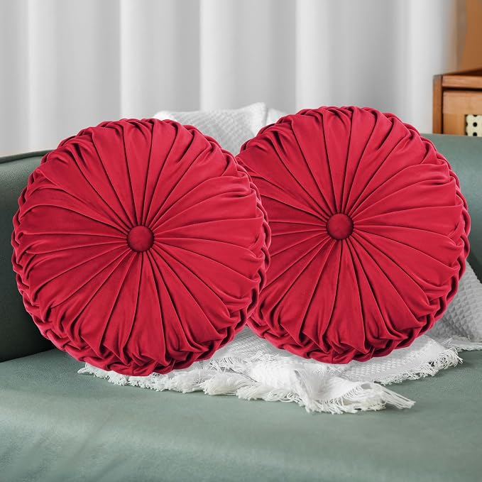 HIG Set of 2 Red Velvet Decorative Round Pleated Throw Pillows | Vintage Floor by HIG
