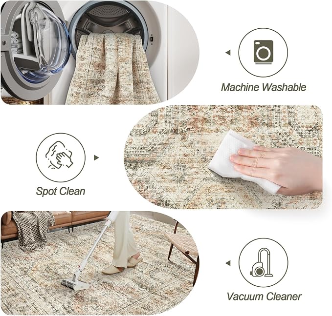 Soalmost 5x7 Area Rugs Brown/Pink Low Pile Washable Trendy Faded Style Rug | - Image 5