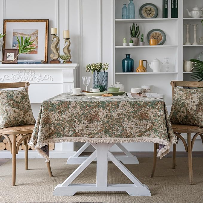 Aesthetic Green and Beige Floral Table Cloth, Linen Texture Table Cloth - Image 6