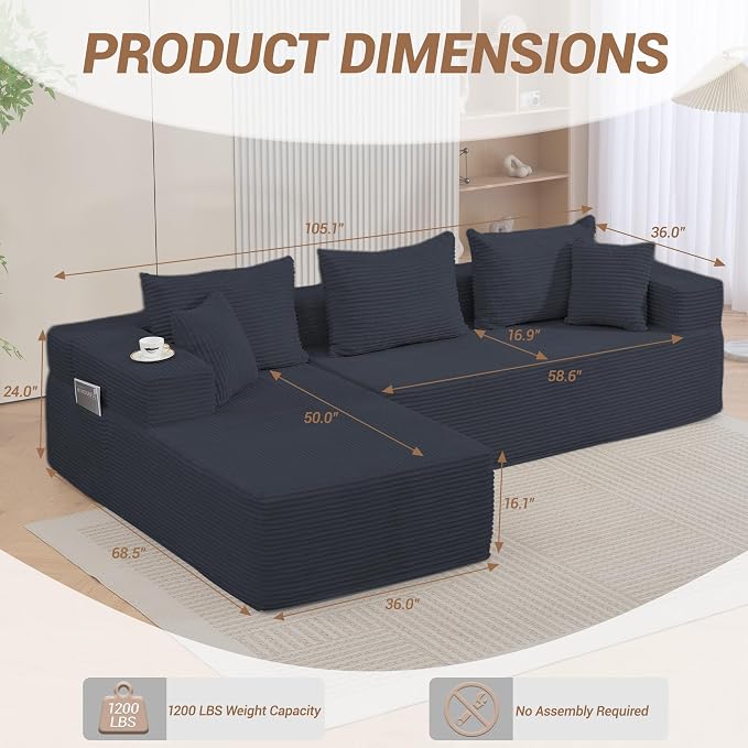 105'' Modular L-Shaped Boneless Sectional, Corduroy Deep Seat Cloud Sectional - Image 3