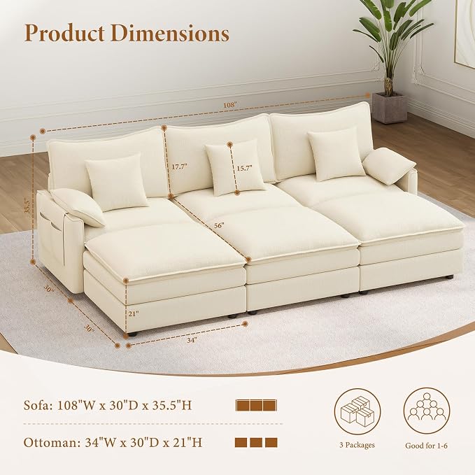 Vesgantti 108" Sectional Sleeper Sofa, 6-Seater Oversized Modular Cloud Couch - Image 2