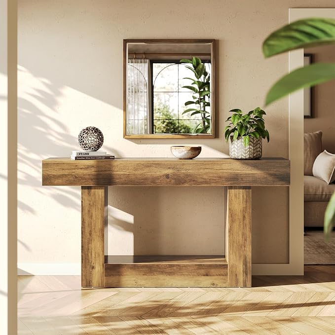 LITTLE TREE 63 Inches Long Console Table, 2-Tier Farmhouse Sofa Table Behind - Image 4