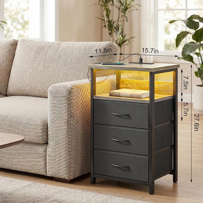 Fixwal Night Stand with Charging Station, LED Nightstand with Fabric Drawers - Image 3
