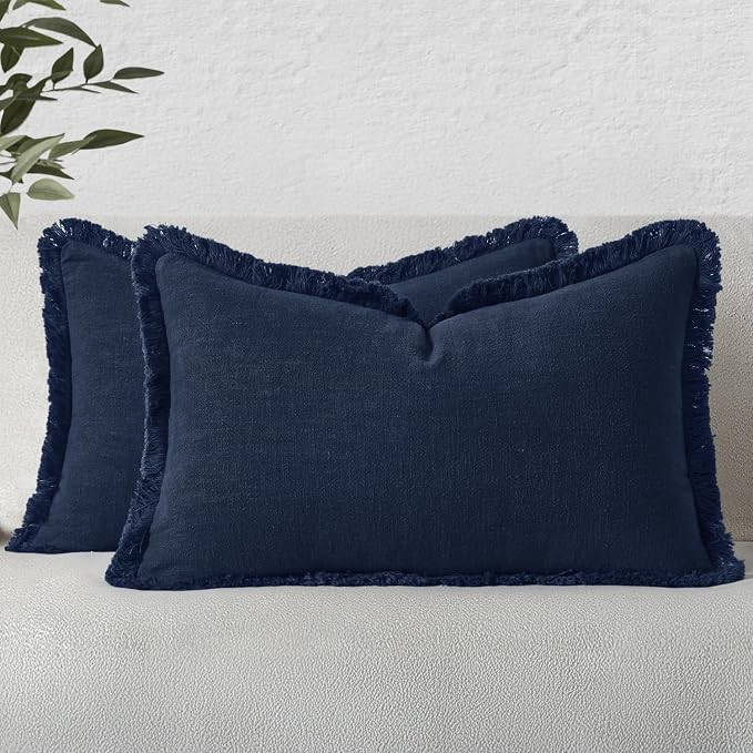 MIULEE Linen Fringe Decorative Lumbar Throw Pillow Covers Dark Navy 12x20 | Set by MIULEE