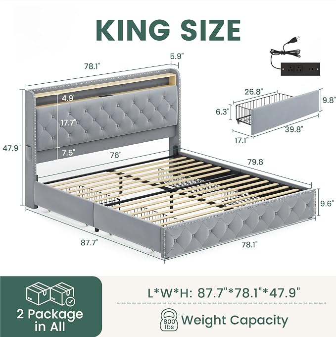 LARMACE King Size Bed Frame Velvet Upholstered LED Tufted King Platform Bed and - Image 2
