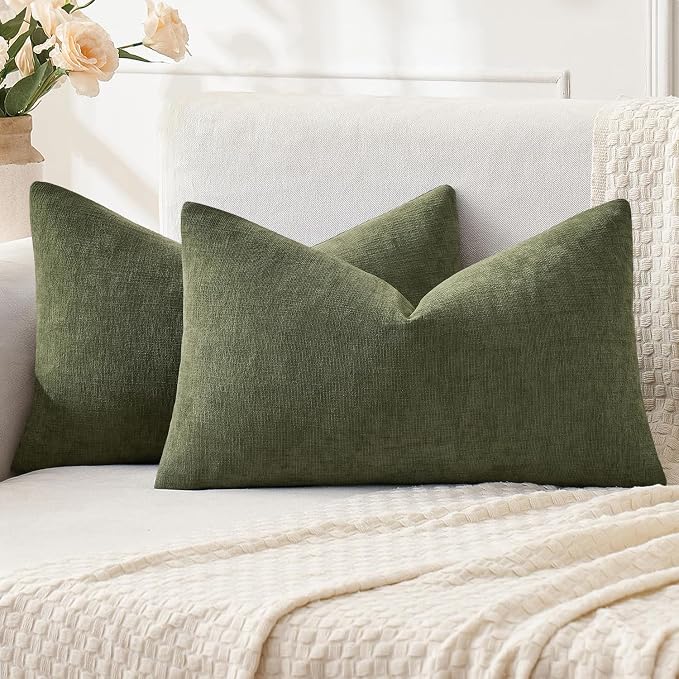 MIULEE Olive Green Chenille Couch Lumbar Throw Pillow Covers, 12x20 | Set of 2 by MIULEE