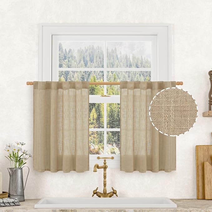 Brown Linen Window Curtains 30 Inches Long 2 Panels 34 x 30 Inch | Semi Sheer by LAMIT