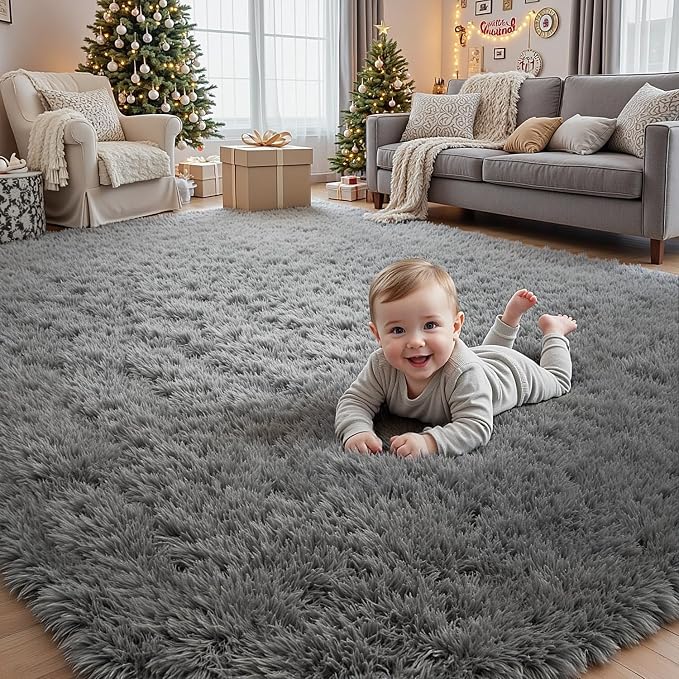 6x9 Fluffy Shag Area Rugs for Living Room Bedroom: Soft Carpet Light Gray | - Image 9