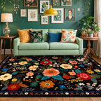 RELEANY Floral Washable 6x9 Area Rugs Black | Flower Carpet Print Boho Cute Non by RELEANY
