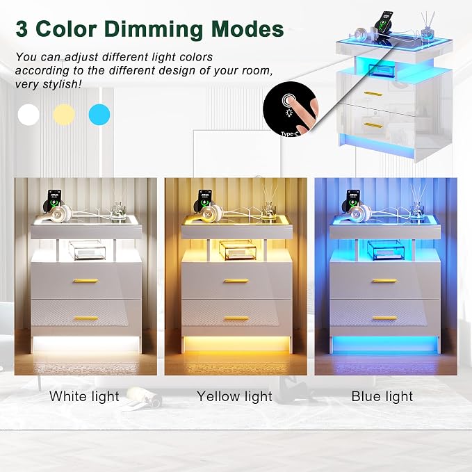 HNEBC Auto LED Nightstand Set of 2, High Gloss Bedside Table has 2 Drawers - Image 6