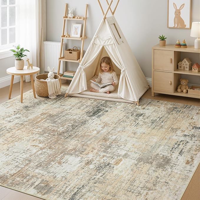 Rugflix 8x10 Area Rugs for Living Room, Washable Gold Beige Grey Large Rug | - Image 8