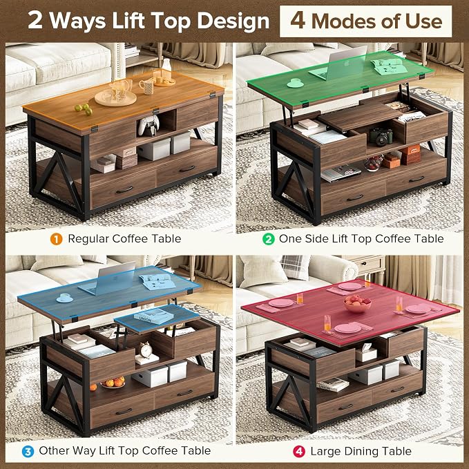 Memobarco 40" Lift Top Coffee Table, 4 in 1 Multi-Function Lift Coffee Tables - Image 3