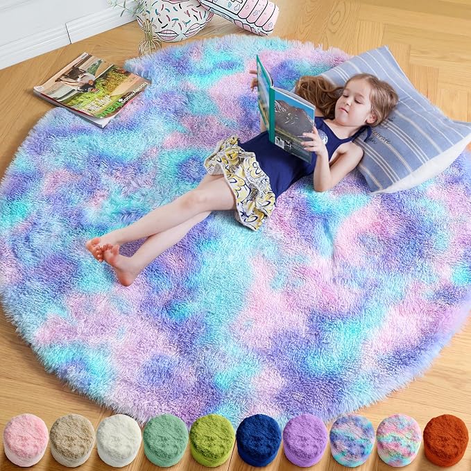 Amdrebio Purple Rainbow Mermaid Shag Round Rug 4Ft by Amdrebio