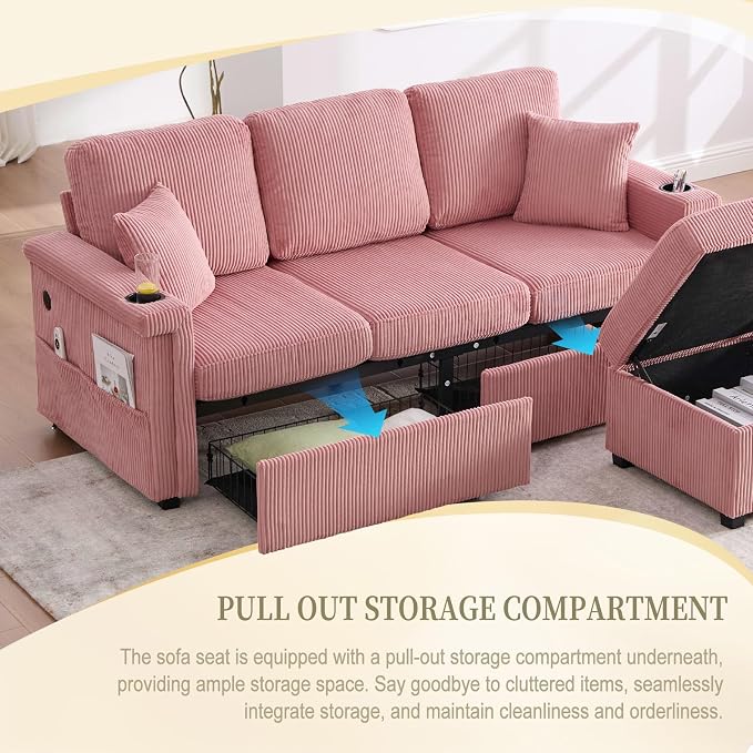 L-Shaped Sectional Sofa with Storage & Movable Ottoman, Corduroy 3 Seater - Image 4
