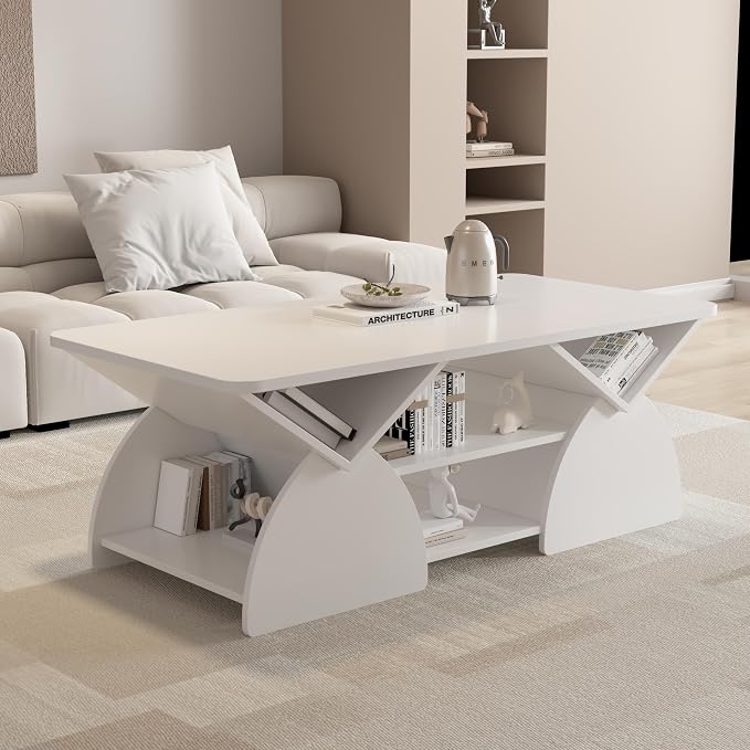 Modern White Coffee Table 47 in, Rectangular Living Room Table by Noeko