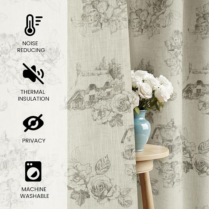 Yakamok 84 Inches Grey Floral Linen Textured Curtains - Image 2