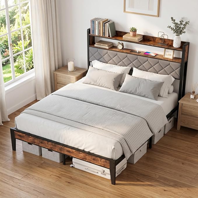 Queen Bed Frame with Charging Station, Upholstered Headboard, Metal Platform - Image 9