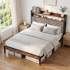 Queen Bed Frame with Charging Station, Upholstered Headboard, Metal Platform - Image 9