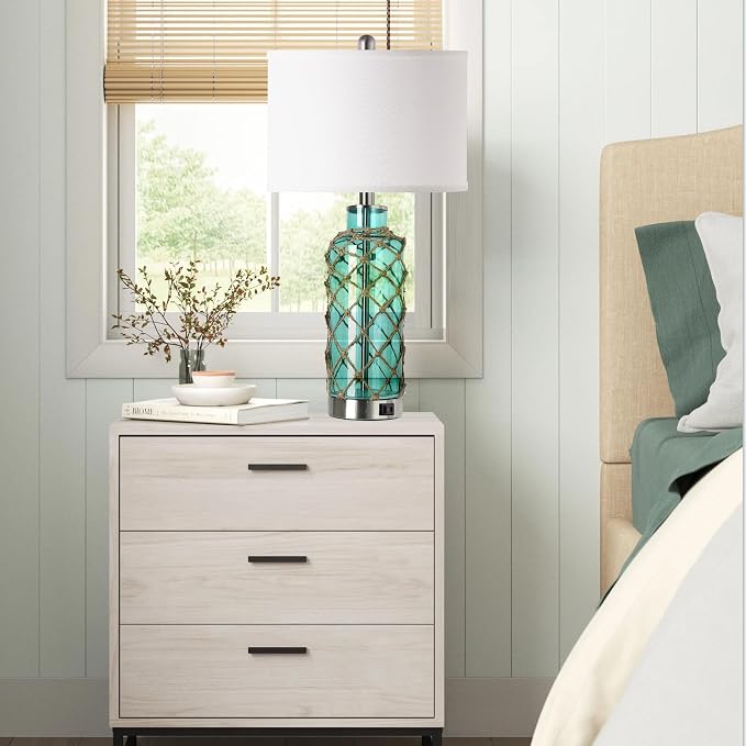 Cottage Nautical Accent Table Lamp Set of 2, Touch Coastal Blue Green Glass - Image 5