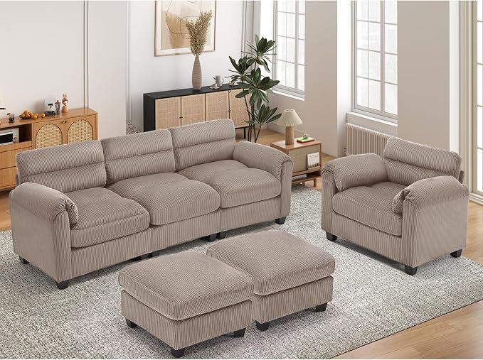 HAOMARKETS Corduroy 4-Piece Sofa Set, Upholstered Ottoman Set of 2, Accent - Image 6