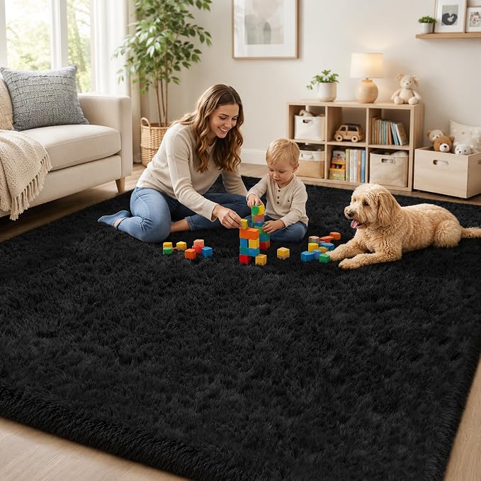 PLHXFR 8x10 Area Rugs Living Room: Fluffy Bedroom Rug Shag Carpet Black | - Image 9