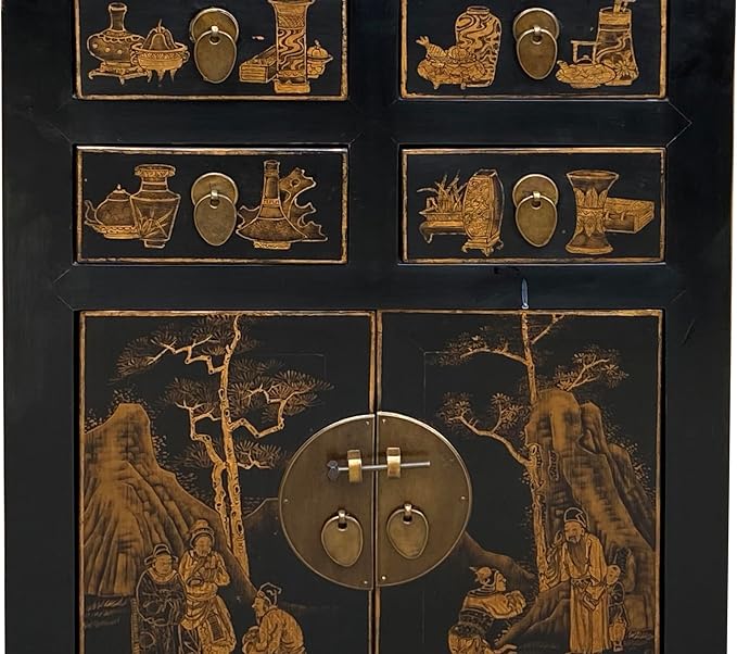 Vintage Oriental Distressed People Golden Graphic Black Side Table Cabinet - Image 6